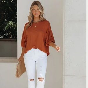 BARB PUFF SLEEVE KNIT TOP - COGNAC